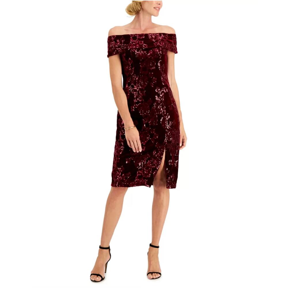 Adrianna Papell Red Sequin Velvet Off the Shoulder Sheath Cocktail Dress Size 6